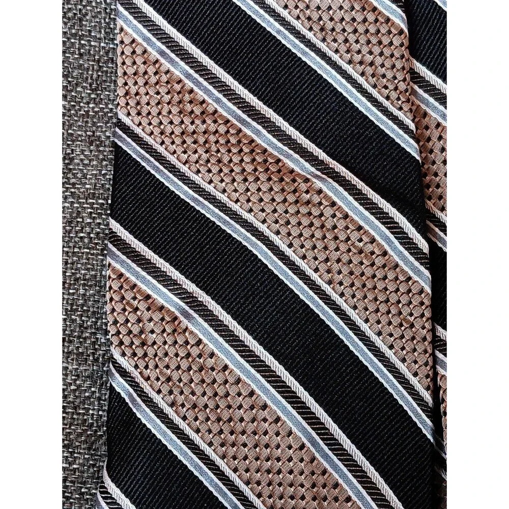 Tie 70s 80s 90s Y2K Mens Antonio Vessi Silk Beige Black Stripe 3.75 Wide 58 Long